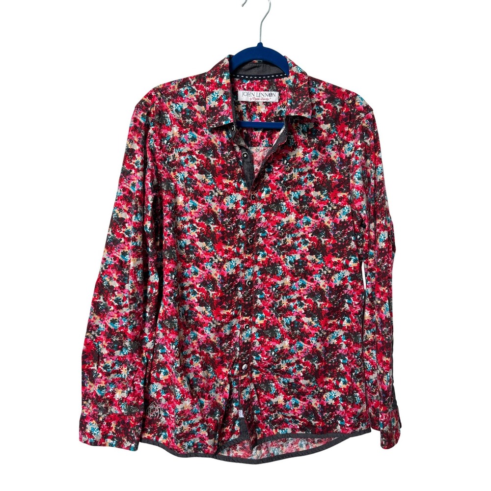 John Lennon by English Laundry Mens Medium Red Floral Abstract Button Up Shirt